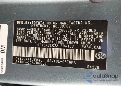 2010 Toyota Camry Se/Le/Xle z USA, uszkodzony, nr VIN 4T1BK3EK2AU604153